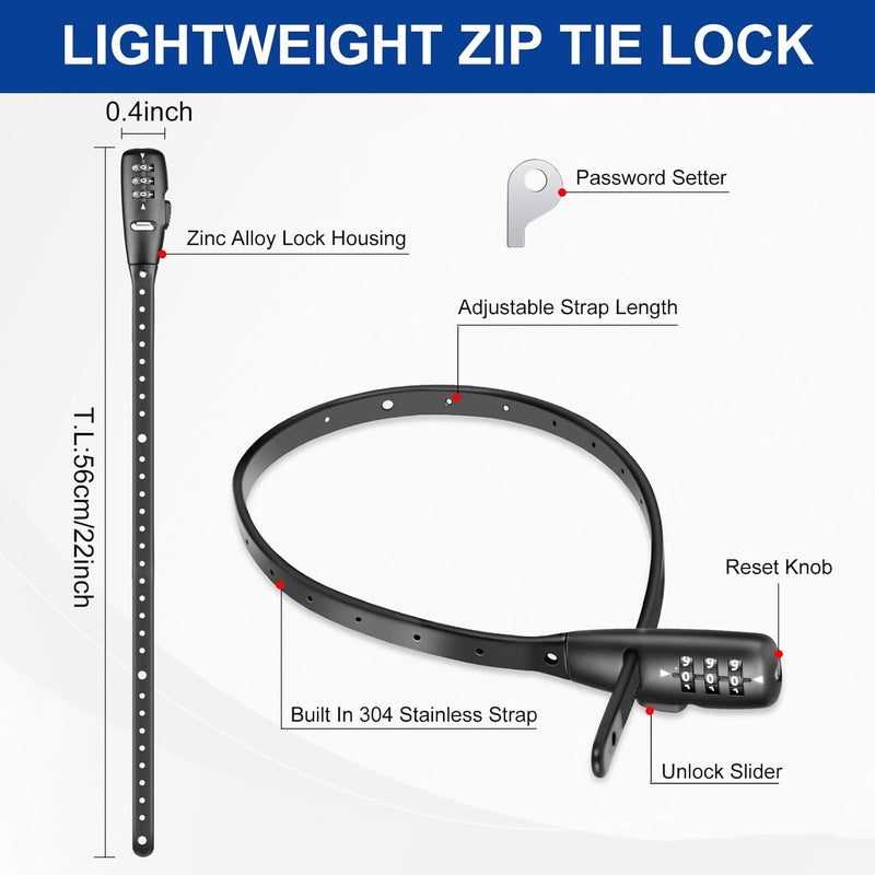 SCMEGA Zip Tie Cable Lock 3-Digit 22in Adjustable Combo Bike Lock for Helmets,Skateboards,Skis,Cabinets,Fridges,Luggages,Café Stop,Child-Proof (3Pack) - Image 2
